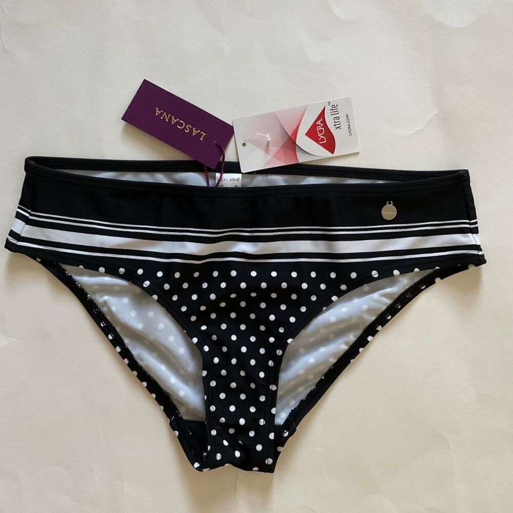 Lascana Classic Bikini Swim Bottom Sz 4 Black White Polka Dot Pin Up Sexy NWT
